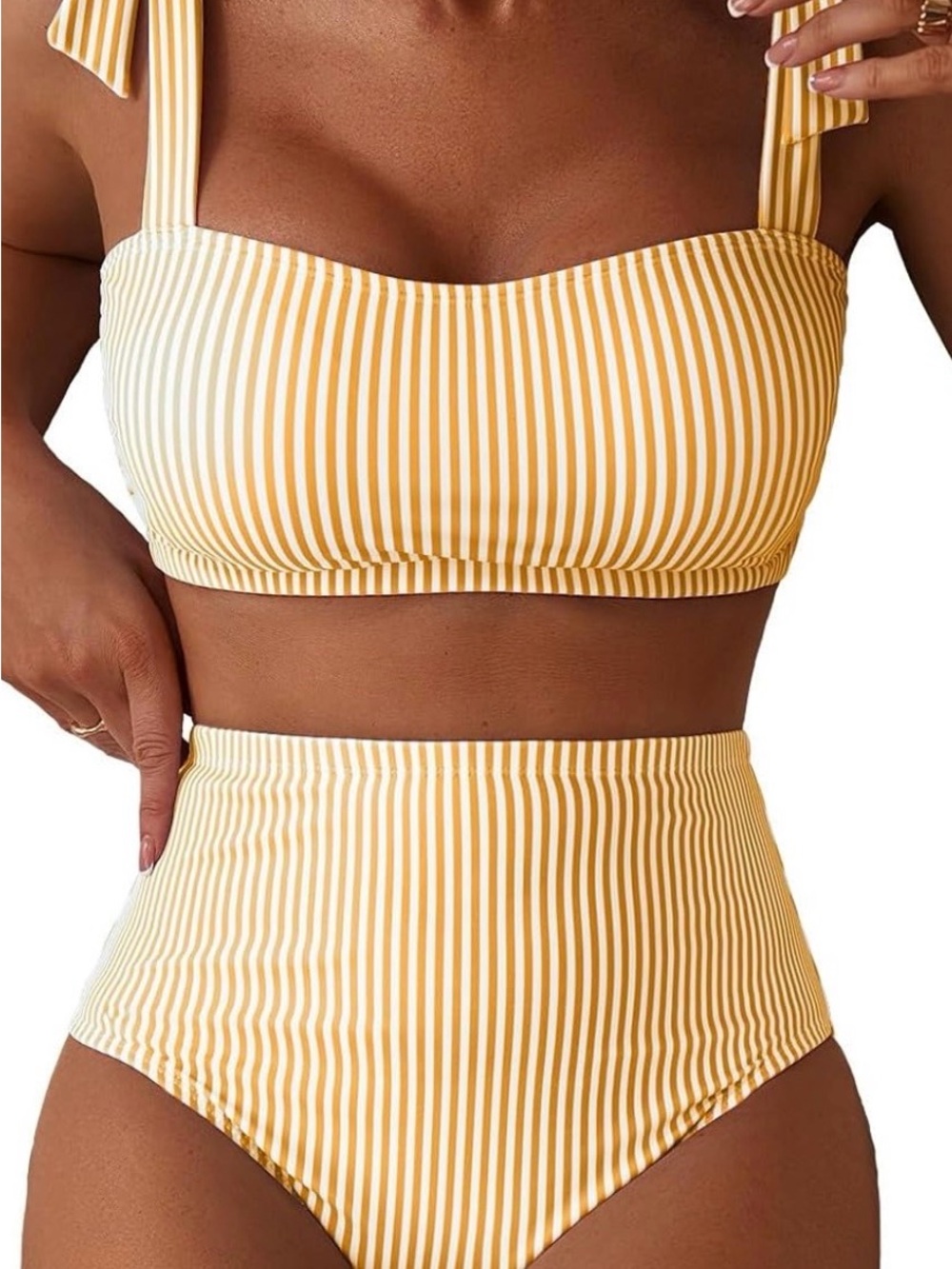 High-Waist Yellow Stripe Bikini Set - Women Swim